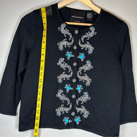 Michael Simon Black Cardigan with Silver & Turquoise Beaded Frogs Geckos Size S - Picture 10 of 11